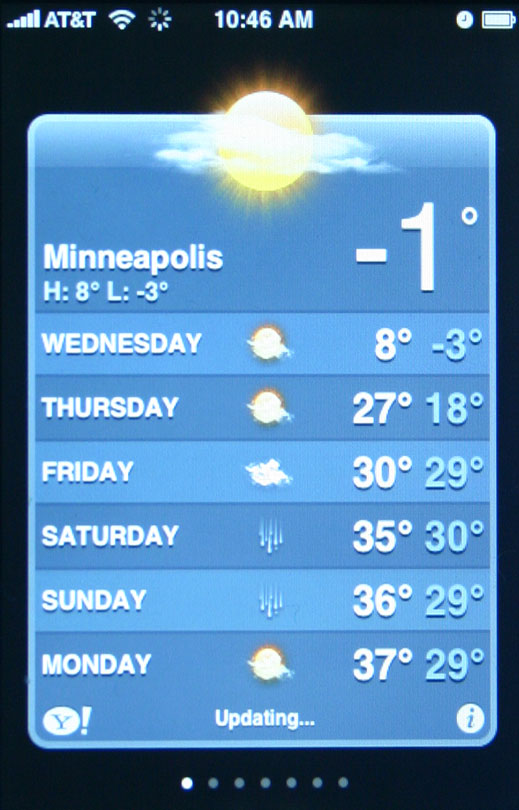 iPhone Weather for Minneapolis on 1/3/2008